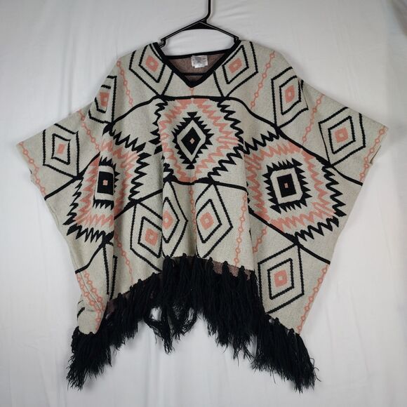 Boho Aztec Print Poncho Sweater by Melrose and Market, One Size, V-Neck Fringe - Picture 1 of 7